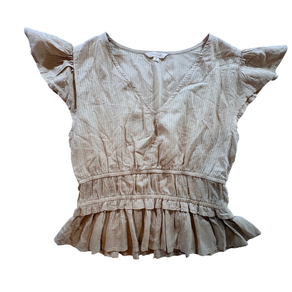 Sim & Sam Swiss Dot Ruffle Top Womens Medium Beige Smocked‎ Waist Peplum Blouse